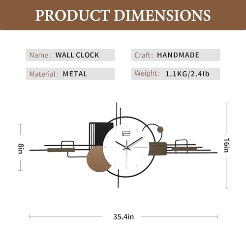 Modern Wall Clock for Living Room,Large Decorative Wall Clock,Creative Silent Clock Battery Operated Metal Wall Art for Entryway/Bedroom/Office/Dinning Room/Kitchen Decor 35''Lx16''W