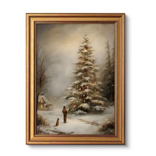 VIYYIEA Gold Framed Canvas Art, Vintage Christmas Tree Decor, 12x16Inch, Retro Winter scene Picture Painting Gifts, xmas Decorations for Bedroom Living Room Shelf Fireplace entryway - color: Winter scene, size: 16"L x 12"W