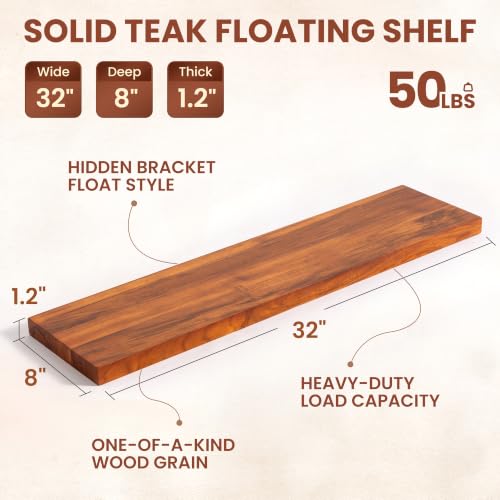 32Inch Teak Floating Wall Shelves Set of 2 - color: Natural Teak, size: 32"L, 2-Pack