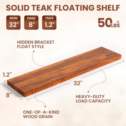 32Inch Teak Floating Wall Shelves Set of 2 - color: Natural Teak, size: 32"L, 2-Pack