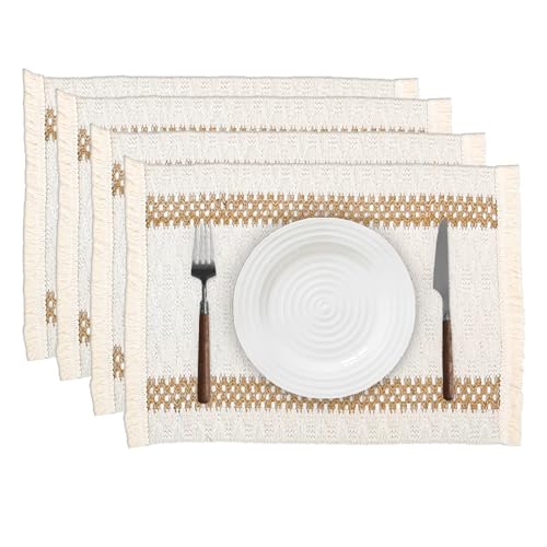 Niviy Boho Placemats Set of 4, 12x18 Inch Natural Cotton Burlap and Kitchen Woven Thanksgiving Placemats with Tassels for Dining Table Centerpiece Home Decorations - color: Beige & Brown, size: 12 x 18 Inches, Set of 4