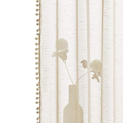 Pom Pom Linen Sheer Curtains for Living Room 63 Slub Textured Natural Beige - color: Natural, size: 52"W x 63"L (Pack of 2)