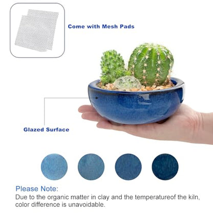 Bonsai Planter 4.9" 5.7" 2pc Small Succulent Glazed Pots + 6 Soft Mesh Drainage Screens - style: Style A&C2