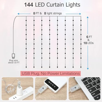 Fairy Curtain Lights 8ft x 6ft, 144 Warm White LED Twinkle Lights - size: 144-LED Warm White 8ft x 6ft