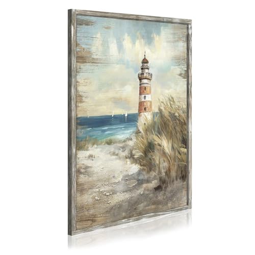 Framed Wood Ocean Wall Art: Vertical Vintage Beach Shore Picture Calming Coastal Lighthouse Artwork Modern Blue Sea Wave Skyline Painting Abstract Nautical Seascape Prints for Bathroom - color: Lighthouse, size: 36"L x 24"W
