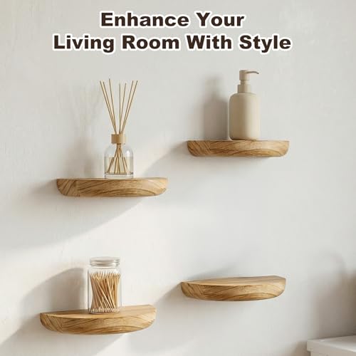 4 Pcs Small Floating Shelves for Wall,8.27 Inch Solid Wood Half Round Floating Shelves Rustic Sturdy Invisible Wall Mount Display for Small Plants for Living Room Bedroom