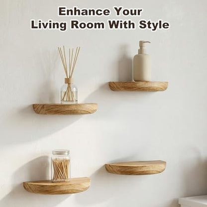 4 Pcs Small Floating Shelves for Wall,8.27 Inch Solid Wood Half Round Floating Shelves Rustic Sturdy Invisible Wall Mount Display for Small Plants for Living Room Bedroom