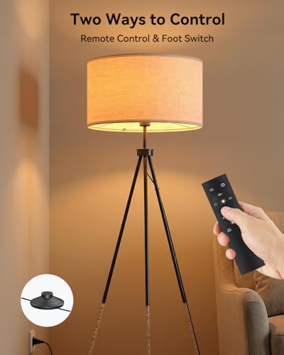 JOOFO Modern Metal Tripod Floor Lamp with Remote, 16.5" Linen Shade - color: Brushed Black