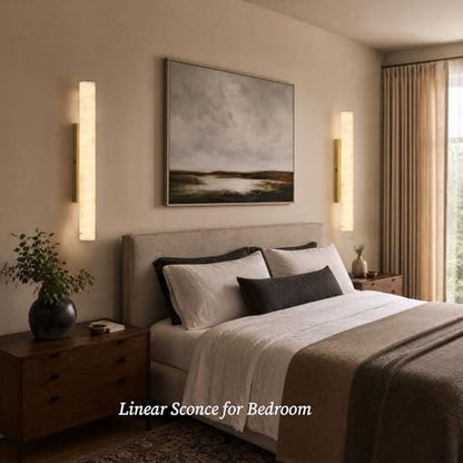 Artisan Alabaster Wall Sconces Set of 2, 36in Long Brass Linear Sconce, Faux Alabaster Bathroom Vanity Lights, 3000K Dimmable Gold Modern Wall Light for Bedroom, Living Room, Hallway, Stairs - color: Gold-36in-2Pcs
