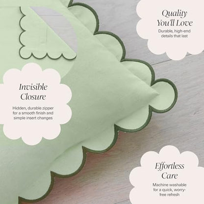 BEBE BASK Scalloped Pillow Cover Set of 2, 18x18, Cotton - Moss Green - color: Moss Green/Green