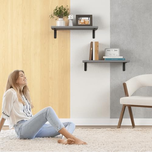 RICHER HOUSE Rustic Wood Floating Shelves, 2-Set Wall Mounted Shelves, 16In - color: Grey