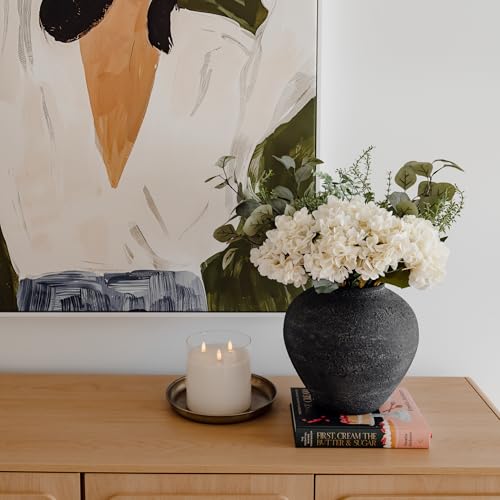 SilkSerenade Large Black Round Vase for Flowers & Table Centerpieces - 11 Inch Rustic Textured Earthy Stone Look, Matte Big Vessel Decorative Arina Modern Farmhouse Wabi Sabi Decor Living Dining Room - color: Black Large Round