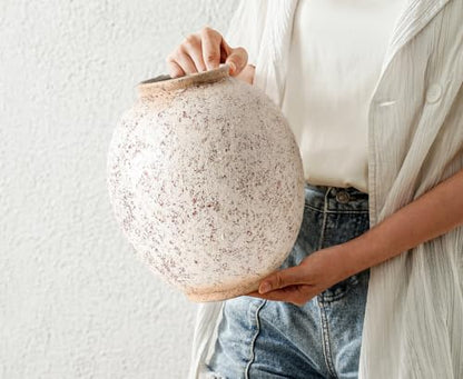 Large Round Ceramic Vase, 9.8“ H, Red White Speckled - color: Retro-9.8", size: 9.8"-Oval