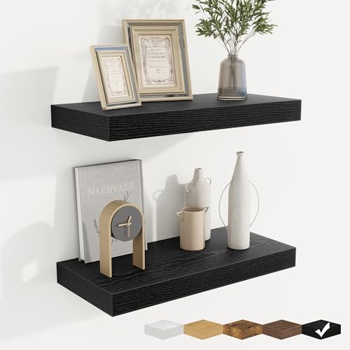 Floating Shelves for Wall, Wall Mounted Wood Shelves, Black, Set of 2, 16in - color: Black, size: 16"W x 6.5"D , 2 Pack