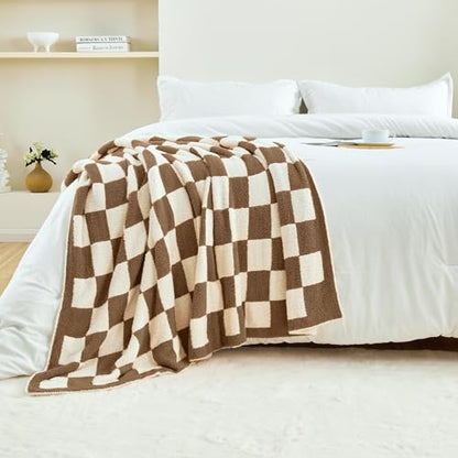 CozeCube Brown White Reversible Checkered Knit Throw Blanket 50"x60" - color: Dark Brown, size: 50"x60"