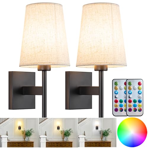 YHCDLAMP Battery Operated Wall Sconces Set of Two,Battery Operated Wall Lights with Remote, Fabric RGB Color Changing Dimmable Wall Lamp for Bedroom Living Room, Easy to Install (Color : Black) - color: Black