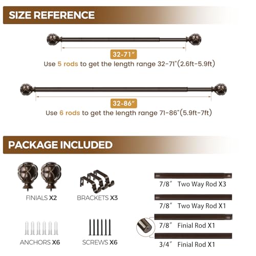 KAMANINA Curtain Rods for Windows 48 to 84 Inch, Heavy Duty, Antique Bronze - color: Antique Bronze, size: 48-84"