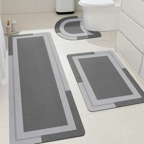 ACCUMTEK Non Slip Bath Mat, Thin Bathroom Rugs Fit Under Door, Quick Dry Bath Mats, Machine Washable Bath Rugs for Bathroom, Bathtub & Kitchen, Bathtub & Kitchen, Grey/Bordered/3 Piece - color: Grey, size: 24"x17"+48"x20"+U Shape 24"x20"