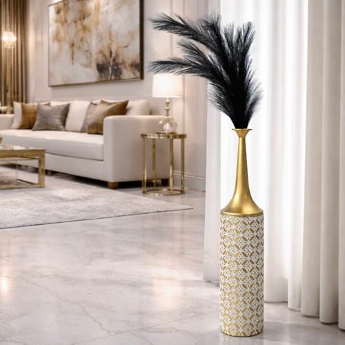 Leewadee Large Floor Vase 26 inches Metal for Pampas Grass, Dried Flowers - color: Gold, White