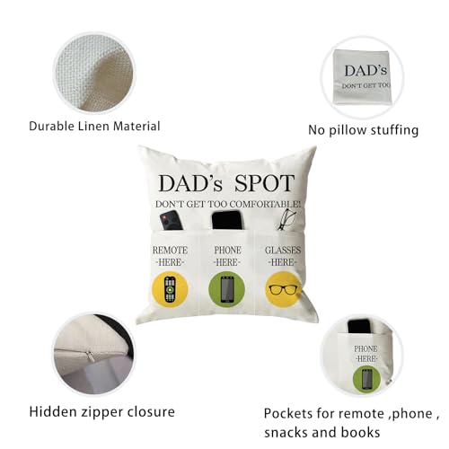 ONFAON Father's Day Throw Pillow Case, Dad's Spot Throw Pillow Covers 18 x 18 Inch，Dad Gifts from Daughter Son，Birthday Christmas Thanksgiving Day Gifts for Papa Stepdad ，3-Pocket - color: Dad 3-pocket