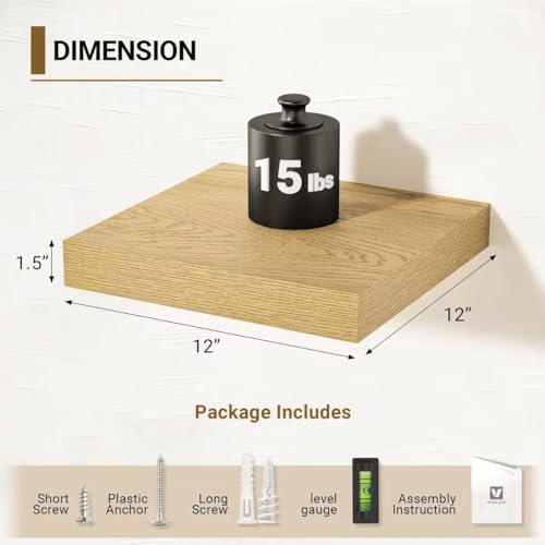 Vivelove 12 Inch Deep Floating Shelves, 12 X 12 Inches, Oak, Set of 2 - color: Oak, size: 12”wx12”dx1.5”h