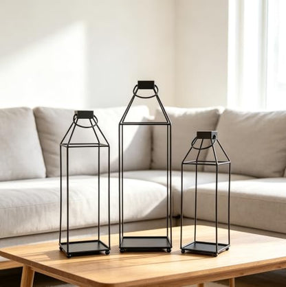 Lanterns Decorative Tall Large Metal Candle Set of 3, Black （16.6",14.7",12.9"） Modern Farmhouse Decor, Indoor, Outdoor, Tabletop, Porch, No Glass NO Candles