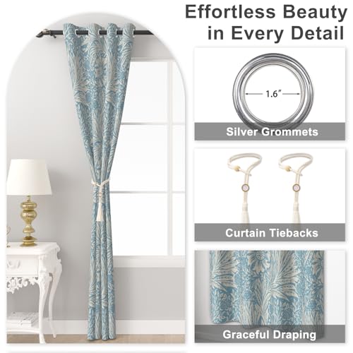 Blue Floral Blackout Curtains for Bedroom and Living Room, Farmhouse Summer Thermal Insulated Black Out Curtains 84 Inch Long with Two Tiebacks, Room Darkening Soundproof Bedroom Curtains 2 Panels Set - color: Blue Floral Pattern