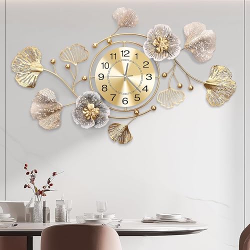 59" Modern Farmhouse Large Decorative Wall Clock, Ginkgo Metal Art - color: Retro Coffee Color, size: 59 x 35 inches