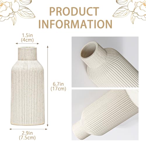 Bohemian Beige Ceramic Vase - for Pampas Grass, Mantel, Bookshelf, Entryway and Living Room Decor (Beige, 7in) - color: Beige, size: 7in-Round