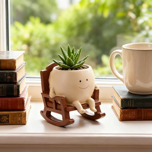 4 Inch Smiley Face Rocking Chair Planter, Resin Succulent Pot with Drainage Hole, Cute Indoor Outdoor Garden Decor for Home, Fall Halloween Thanksgiving Christmas Birthday Gift for Plant Lovers - color: C02-resting Hands Style