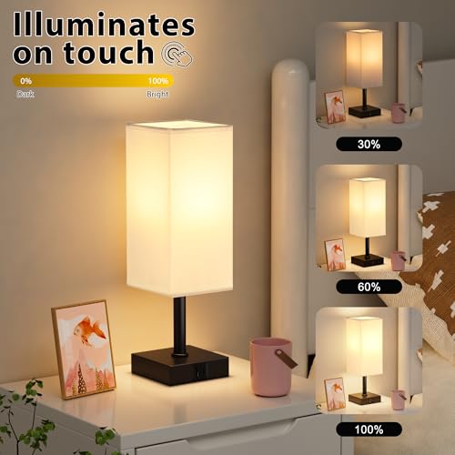 Touch Table Lamp for Bedroom - Dimmable, USB C+A, White Lamphade Black Base - color: White & Black