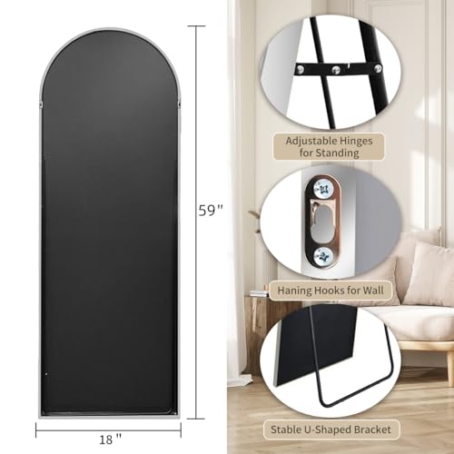 Rowjut Floor Mirror Arched Full Length Mirrors, Mirror Full Length Standing Hanging or Leaning Against Wall, 59"x18" Large Full Body and Wall Mounted Mirror for Bedroom Living Room, Silver - color: Silver, size: 59"L x 18"W