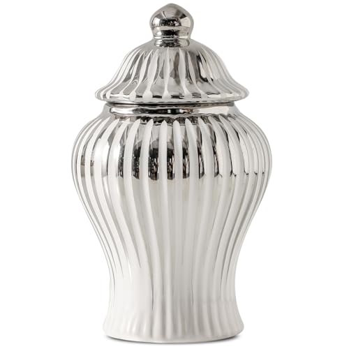 Small Ginger Jars for Home Decor, 6.8inch Ceramic Ginger Jar with Lid Modern Handmade White and Silvery Vase, Modern Decorative vases for Kitchen, Storage jar, Table Center vase(White and si1ver) - color: White and Silver, size: 6.8 inch