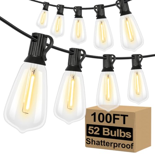 Brightever 100FT Outdoor String Lights 52 Bulbs, Waterproof Patio Lights - color: Black Wire Warm White, size: 100FT