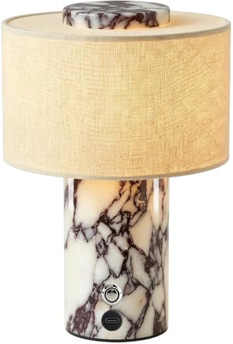 Cordless Marble Table Lamp with USB Port Rechargeable Battery Operated,Bedroom Nightstand Stone Base Touch Dimmable Night Light End Linen Lamp Shades for Side Contemporary Coastal Living Room - color: White