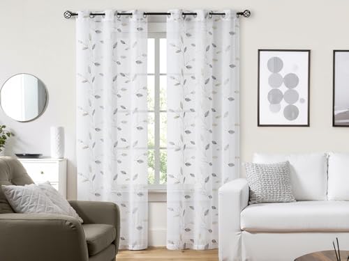 Bujasso Embroidered Leaf Sheer Curtains, Gray Beige 38" Wx90 Lx2 - color: Yellow Grey, size: 38"W x 90"L (Pack of 2)