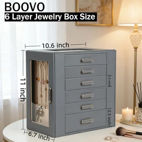 BOOVO Clear Lid Jewelry Box 6 Layer Jewelry Organizer(Grey, 6 Layer) - color: Grey, size: 6 Layer