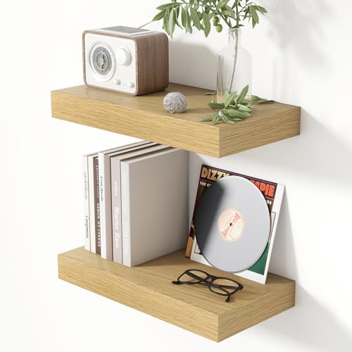 Heimlove 16 Inch Floating Shelves for Wall Oak Shelves Set of 2,Wall Mounted Rustic Wood 8 Inch Deep Floating Shelf with Invisible Brackets for Bedroom Kitchen Living Room - color: Oak, size: 16''W x 7.9''D x 1.5''H,Set of 2-MDF