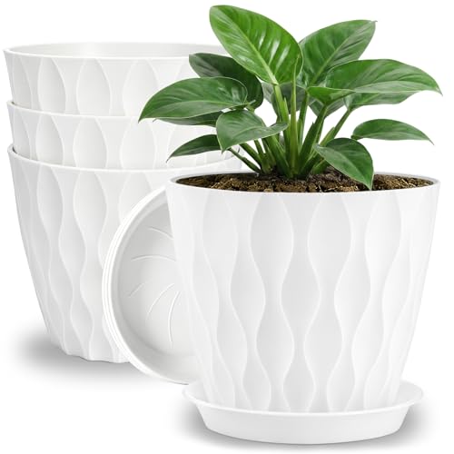 YNNICO 8 inch 4 Pack Plant Pots for Indoor Drainage Holes and Tray Saucers - color: White, size: 8 inch-4 pack