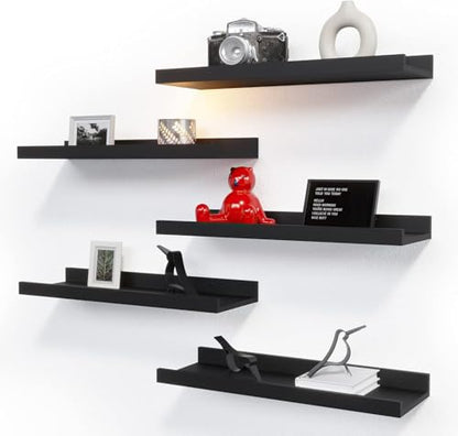 RICHER HOUSE 5-Set Floating Shelves with Lip, Black Wall Mounted Wood Shelf - color: Black, size: 16in