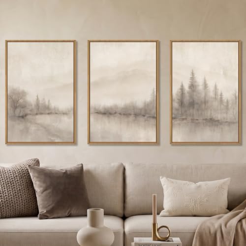 Aurlan Large Abstract Misty Lake Tree Framed Canvas Wall Art Set-16"x24"x3 | Neutral Soft Woodland Landscape Wall Decor,Minimalist Modern Forest Lakes Artwork for Living Room,Bedroom,Farmhouse - color: Misty Lake Tree Wall Art, size: 16"L x 24"W