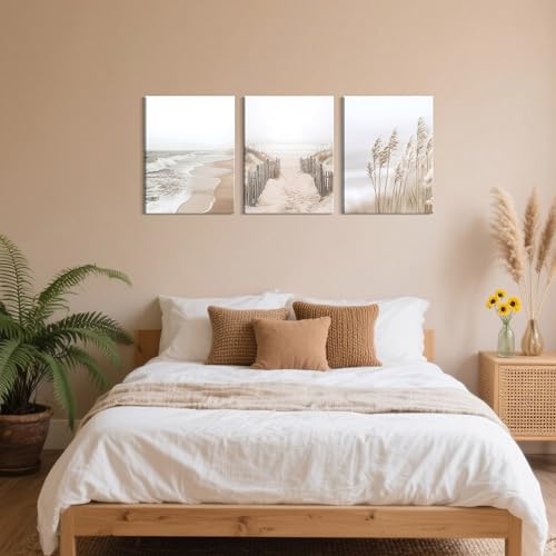 Framed Beach Canvas Wall Art Set of 3, Boho Coastal Nature Landscape Wall Decor Paintings, Ocean Beach Pampas Grass Artwork Prints Pictures for Living Room Bedroom Home Office 16x24 Inch - color: Coastal Landscape, size: 24L"x16W"