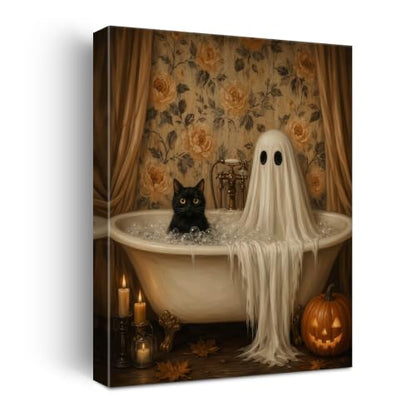 Halloween Wall Art Decor, Ghost Cat Bath Canvas Print Framed 8x10 Inch - color: N