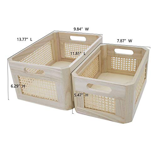 Rattan Woven Wooden Storage Basket Set of 2, Round‑corner Rectangular - size: Rectangle A - 2-Piece Set (Large & Small)
