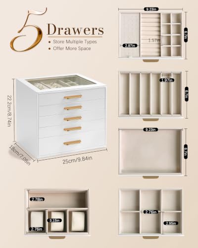 Homeanda Jewelry Boxes Organizer with Glass Lid, 5-Layer PU Leather, White - color: White, size: 5 Layer