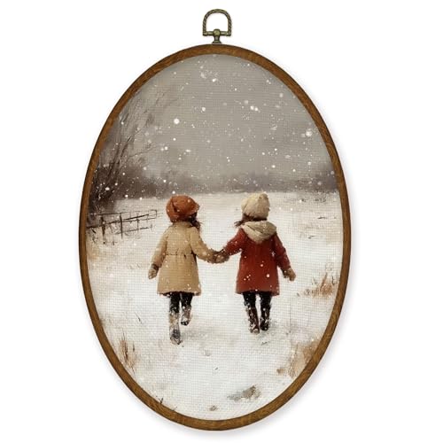 WULQYING Vintage Christmas Wall Art Decor, Rustic Winter Girls Christmas Oval Framed Canvas Art Prints, Farmhouse Snowy Winter Xmas Wall Hanging Decor for Home Nursery Living Room, 8.6x11.4 Inches - color: Color 12