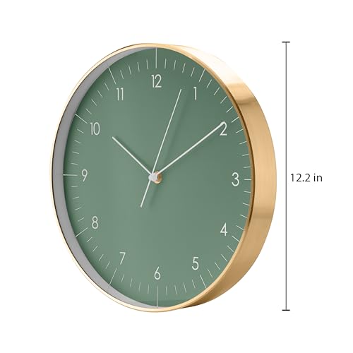 LUUK LIFESTYLE Modern Silent Quartz Wall Clock, 12in, Dark Green & Gold | Simple & Trendy, Gifting ideas, Analog, Easy-to-read, Battery operated, Wall mount, Mantel display, Bedroom, Bathroom - color: Dark Green, 12"