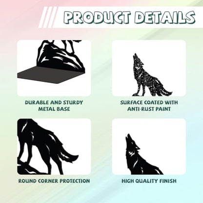 Peacoblue 5.3"x4.3"x6.4" Metal Bookends, Heavy Duty Book Ends for Shelves - style: Howling Wolf