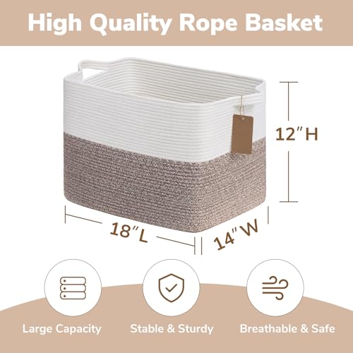 Goodpick 50L Large Woven Rope Storage Basket, Rectangle, Brown - color: Brown, size: 18"L x 14"W x 12"H
