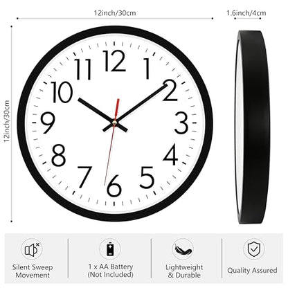 Lumuasky Wall Clock Silent Non-Ticking 12 Inch Quartz Battery Operated Round Analog Wall Clock with Easy to Read Large Numbers for Classroom,School, Office, Living Room, Bedroom,Kitchen - color: Red Second, size: 12 Inch